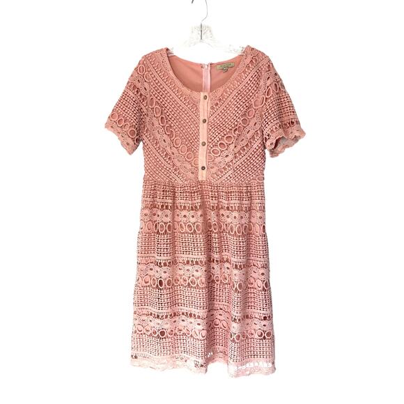 Polagram Dress Pink Lace Button Front Short‎ Sleeve Guipure Lace Dainty Medium - Picture 1 of 14